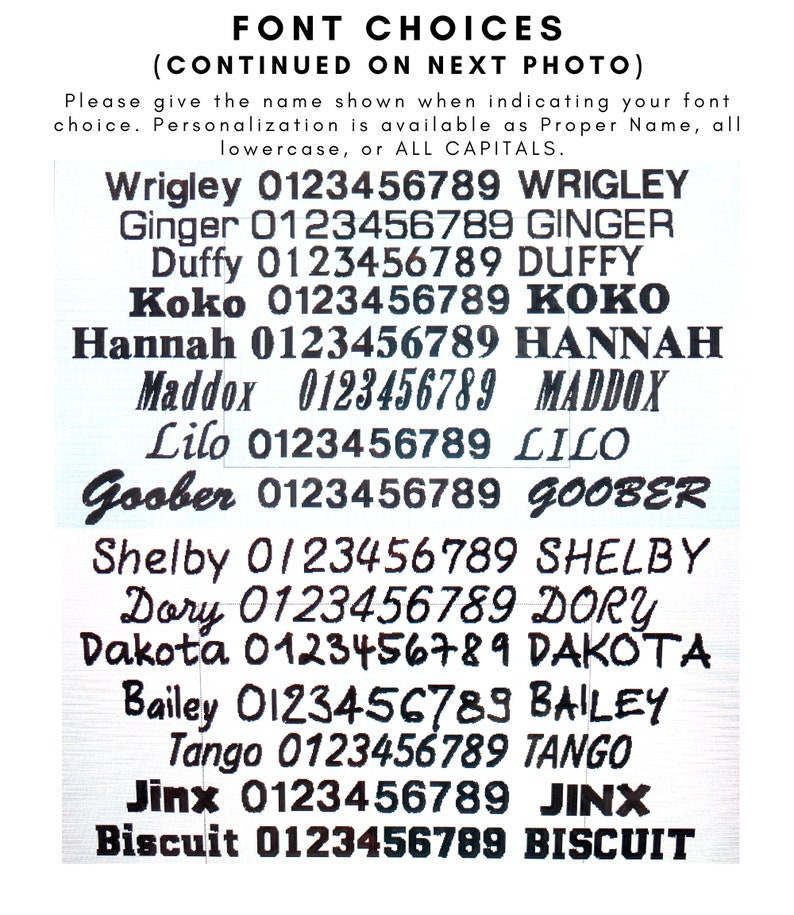 May include: A white background displays a list of font choices with sample names and numbers. The text includes names like Wrigley, Ginger, Duffy, Koko, Hannah, Maddox, Lilo, Goober, Shelby, Dory, Dakota, Bailey, Tango, Jinx, and Biscuit.
