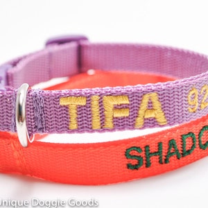May include: Two personalised dog collars. The top collar is lavender with the name "TIFA" embroidered in gold. The bottom collar is red with the name "SHADOW" embroidered in green. Both collars have a metal ring.