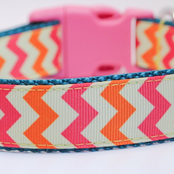 Pink Chevron Dog Collar / Orange, Pink, Yellow Chevron Stripe / Custom Dog Collar