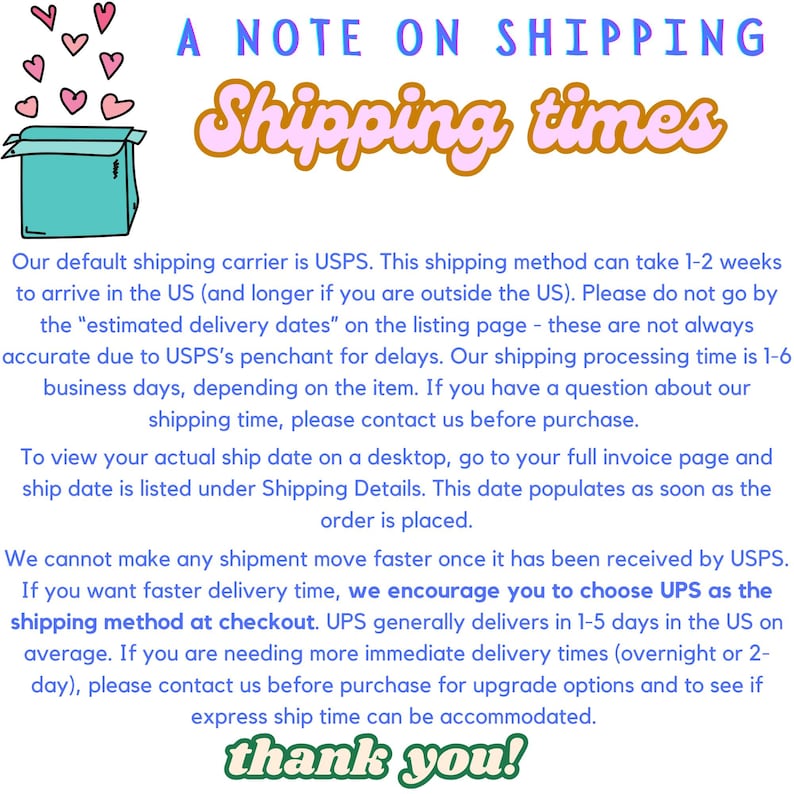 May include: A digital graphic featuring a teal open box with pink hearts floating above it. The text reads: A NOTE ON SHIPPING, Shipping times, and detailed paragraphs explaining USPS and UPS delivery policies, processing times, and a thank you.