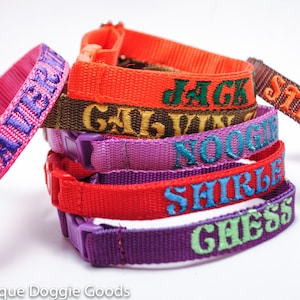 May include: A selection of colourful dog collars, each embroidered with a different name. The collars are in shades of pink, orange, purple, and red, with contrasting embroidery. They have plastic buckles and are made of a woven material.