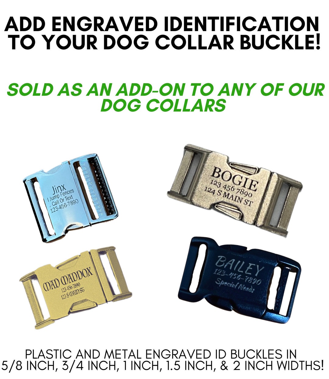 Add ID Buckle to Dog Collar Engrave Metal or Plastic Buckle/ ID Tag/ Add to Martingale Harness