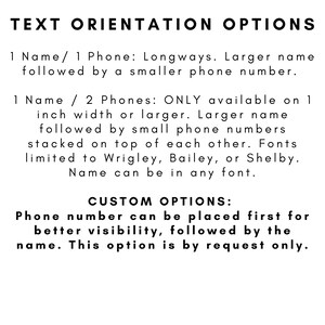 May include: Text orientation options are displayed in a black font on a white background. Options include one name and one phone number, or one name and two phone numbers. Custom options are also available, with the phone number placed first.