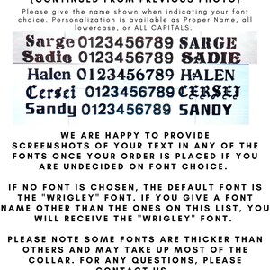 May include: Image showcasing font choices for personalization. Includes examples of fonts like "Sarge," "Sadie," "Halen," "Cersei," and "Sandy," each with a sample number sequence. Text explains font selection and provides additional details.