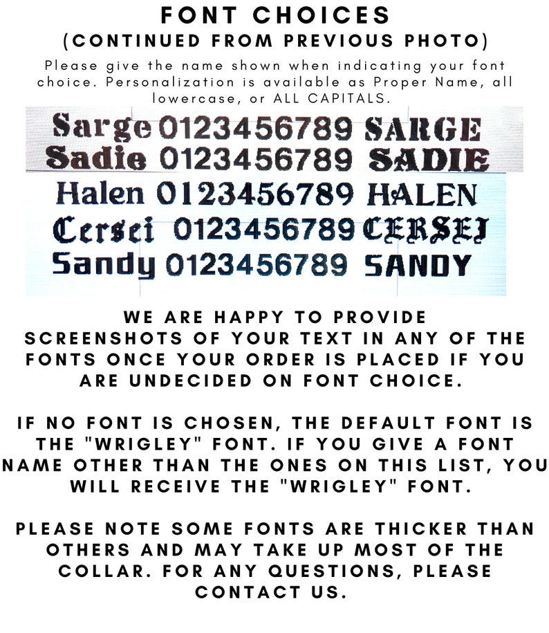 May include: Image showcasing font choices for personalization. Includes examples of fonts like "Sarge," "Sadie," "Halen," "Cersei," and "Sandy," each with a sample number sequence. Text explains font selection and provides additional details.