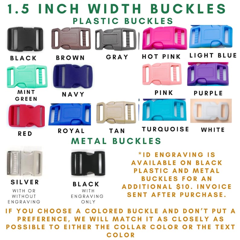 May include: A collection of 1.5 inch width buckles including plastic options in black, brown, gray, hot pink, light blue, mint green, navy, pink, purple, red, royal, tan, turquoise, and white, plus silver and black metal buckles.