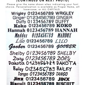 May include: A white background displays a list of font choices with sample names and numbers. The text includes names like Wrigley, Ginger, Duffy, Koko, Hannah, Maddox, Lilo, Goober, Shelby, Dory, Dakota, Bailey, Tango, Jinx, and Biscuit.