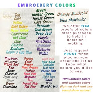 May include: A color chart displaying various embroidery thread options labeled with names such as White, Tan, Gold, Yellow, Neon Yellow, Chartreuse, Hot Lime, Lime, Celadon, Seafoam, Robin's Egg Blue, Green, Hunter Green, Forest Green, Olive Green, Peacock, Teal Green, Deep Teal, Purple, Amethyst, Lavender, Wisteria, Violet, Orange Multicolor, Blue Multicolor, Raspberry, Burgundy, Bright Red, Red, Black, Charcoal, Light Gray, Silver, Brown, Chocolate, Papaya, Coral, Orange, Neon Orange, Fuchsia, Neon Pink, Magenta, Pink, French Pink, Hot Pink, Light Pink, Dark Aqua, Turquoise, Teal Blue, Pacific Blue, Blue, Light Blue, Royal, Navy, and Midnight Teal.