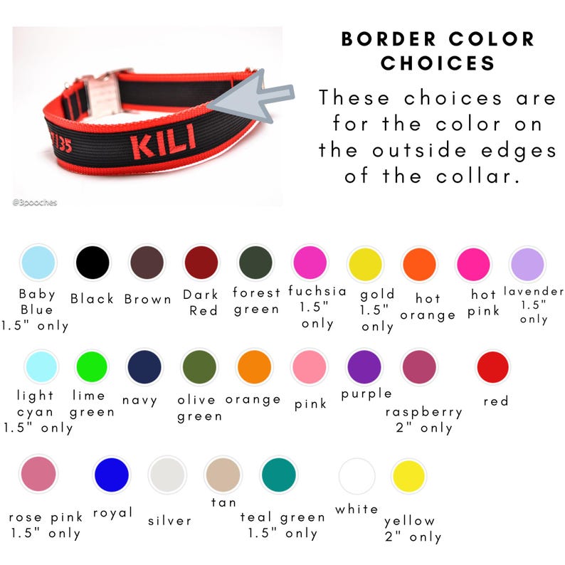 May include: A black and red pet collar with the name KILI and numbers printed on it, featuring a metal buckle. A color chart displays various border color options including baby blue, black, brown, red, green, fuchsia, gold, orange, pink, and purple.