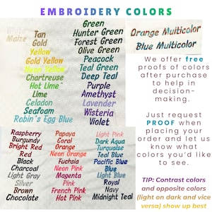 May include: A color chart displaying various embroidery thread options labeled with names such as White, Tan, Gold, Yellow, Neon Yellow, Chartreuse, Hot Lime, Lime, Celadon, Seafoam, Robin's Egg Blue, Green, Hunter Green, Forest Green, Olive Green, Peacock, Teal Green, Deep Teal, Purple, Amethyst, Lavender, Wisteria, Violet, Orange Multicolor, Blue Multicolor, Raspberry, Burgundy, Bright Red, Red, Black, Charcoal, Light Gray, Silver, Brown, Chocolate, Papaya, Coral, Orange, Neon Orange, Fuchsia, Neon Pink, Magenta, Pink, French Pink, Hot Pink, Light Pink, Dark Aqua, Turquoise, Teal Blue, Pacific Blue, Blue, Light Blue, Royal, Navy, and Midnight Teal.