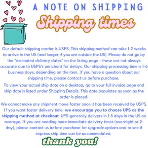 May include: A digital graphic featuring a teal open box with pink hearts floating above it. The text reads: A NOTE ON SHIPPING, Shipping times, and detailed paragraphs explaining USPS and UPS delivery policies, processing times, and a thank you.