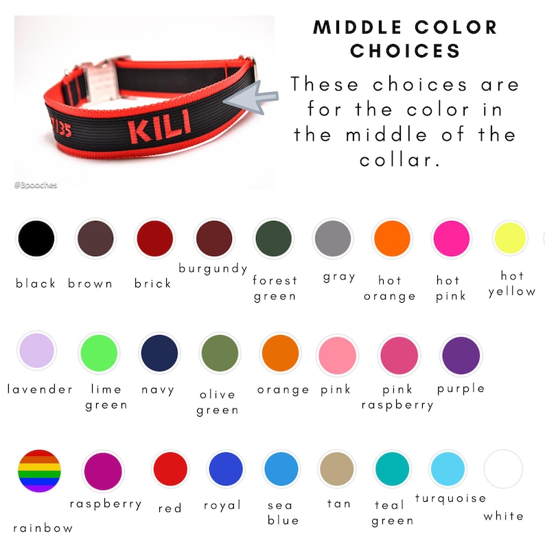 May include: A red and black pet collar with a metal buckle and the name KILI embroidered in red. The image includes a color chart titled MIDDLE COLOR CHOICES with twenty-eight circular swatches labeled with various color names.