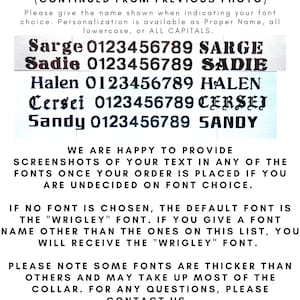 May include: Image displaying font options for customisation. Examples include fonts named "Sarge," "Sadie," and "Halen," each with a sample number sequence. Text details font selection and contact details.