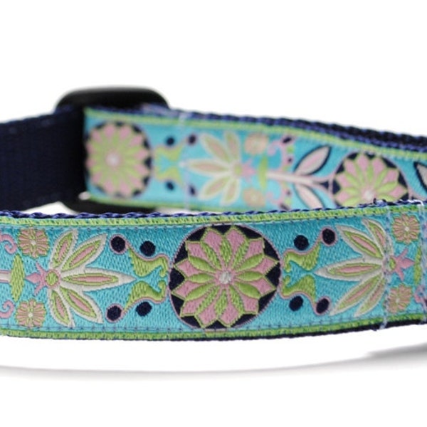 Turquoise Blue Flower Dog Collar / Marigold in Turquoise / Custom Dog Collar / Martingale or Buckle