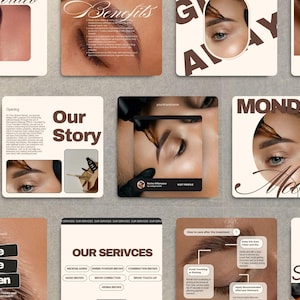 Könnte beinhalten: Eine Sammlung von Instagram-Story-Grafiken für ein Microblading-Unternehmen für Augenbrauen. Die Grafiken zeigen Nahaufnahmen von Augenbrauen, ein Zitat über das Unternehmen und eine Liste der angebotenen Dienstleistungen. Die Grafiken sind im minimalistischen Stil mit einer neutralen Farbpalette gehalten.