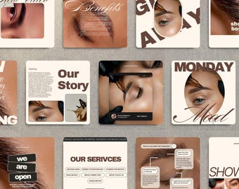 May include: A collection of Instagram story graphics for a brow microblading business. The graphics feature close-up images of eyebrows, a quote about the business, and a list of services offered. The graphics are in a minimalist style with a neutral color palette.