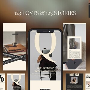 Puede incluir: Un conjunto de plantillas para redes sociales con una paleta de colores neutros. El dise&ntilde;o incluye plantillas para publicaciones e historias, con superposiciones de texto como "123 POSTS & 123 STORIES", "Got Questions? We've Got Answers!" y "40%" para promocionar una marca.