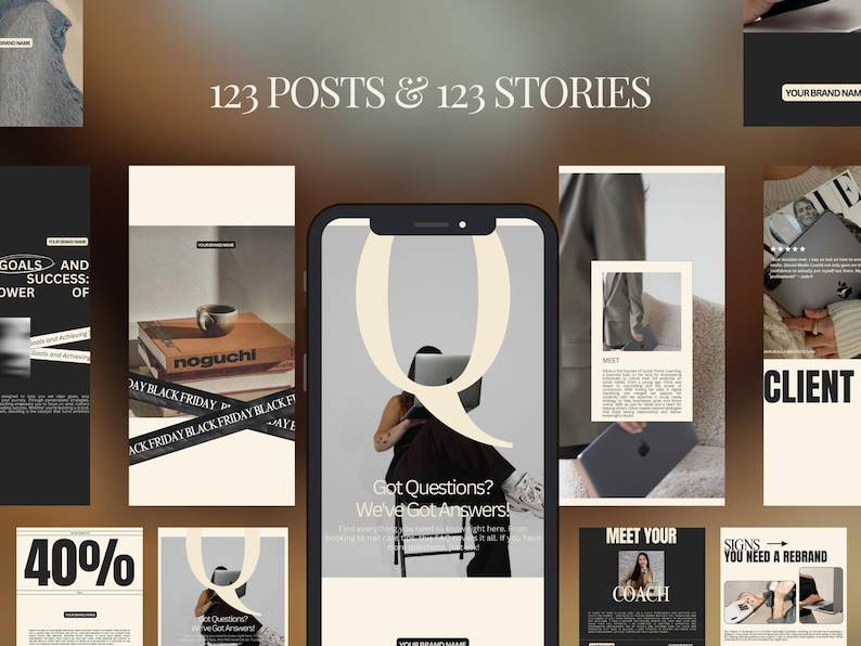 Puede incluir: Un conjunto de plantillas para redes sociales con una paleta de colores neutros. El dise&ntilde;o incluye plantillas para publicaciones e historias, con superposiciones de texto como "123 POSTS & 123 STORIES", "Got Questions? We've Got Answers!" y "40%" para promocionar una marca.