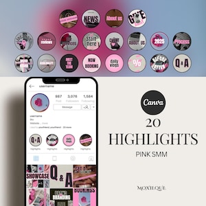 Capas para destaques do Instagram para Canva, capas para destaques do IG SMM rosa, modelos de gerenciador de mídia social rosa, pacote de modelos editáveis do Instagram