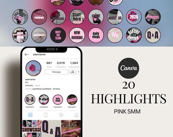 May include: A collection of 20 pink and black Instagram story highlight covers with text such as "Q&A", "Daily Vlogs", "Meet the Team", "About Us", "Process", "Before & After", "Get a Glow Up", "Bookings", "Brand Branding", and "Showcase". The text "20 Highlights Pink SMM Moxieque" is also visible.