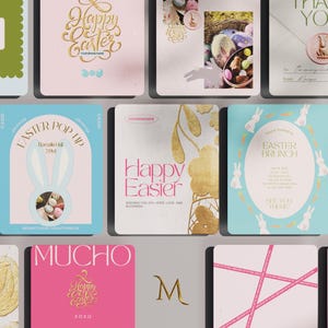Può includere: Una collezione di biglietti e inviti a tema pasquale con vari design. Alcune carte presentano coniglietti, uova e motivi floreali, mentre altre hanno testo come "Buona Pasqua", "Brunch di Pasqua" e "Promemoria".