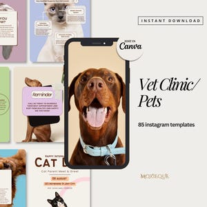 May include: A digital marketing kit for veterinary clinics and pet businesses. The kit includes 85 Instagram templates that can be edited in Canva. The image shows a brown dog with a blue collar, a cat, and several sample templates.