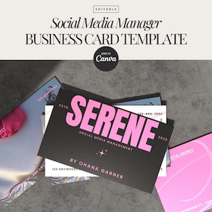 Modelo de cartão de visita para gerente de mídia social, modelo de cartão rosa, cartão de visita para impressão, cartão editável, modelo minimalista SMM Canva, feminino