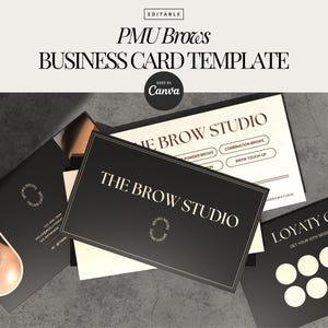 Sjabloon voor visitekaartjes PMU-brows bruin, sjabloon voor microblading, visitekaartje voor permanente make-upartiest, bewerkbare sjabloon voor microshadingcanva