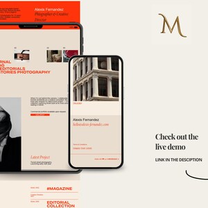 May include: A digital design showcasing a website on a tablet and smartphone. The website features a portfolio with photography and the name "Alexis Fernandez". The design includes the text "SQSP MAG" and "URBAN STORIES PHOTOGRAPHY". An orange header and a call to action are also visible.