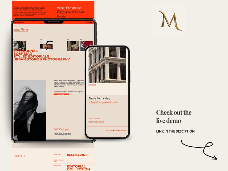 May include: A digital design showcasing a website on a tablet and smartphone. The website features a portfolio with photography and the name "Alexis Fernandez". The design includes the text "SQSP MAG" and "URBAN STORIES PHOTOGRAPHY". An orange header and a call to action are also visible.