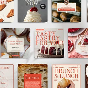 Pu&ograve; includere: Una raccolta di grafiche quadrate con prodotti da forno e promozioni. Le immagini includono croissant, pasticcini e torte con sovrapposizioni di testo come "New!", "Order Now!", "Tasty Pastry For You!" e "Brunch & Lunch".