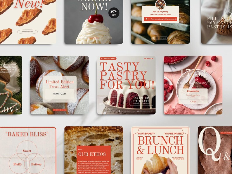 Pu&ograve; includere: Una raccolta di grafiche quadrate con prodotti da forno e promozioni. Le immagini includono croissant, pasticcini e torte con sovrapposizioni di testo come "New!", "Order Now!", "Tasty Pastry For You!" e "Brunch & Lunch".
