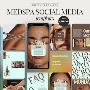 May include: A collection of Medspa social media templates, featuring a variety of designs in shades of brown, teal, and white. The templates include images of faces, text, and graphics, with the text "Client Testimonials" and "FAQ". The templates are designed for Instagram.