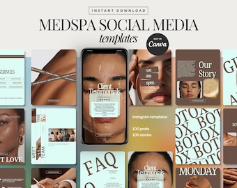 May include: A collection of Medspa social media templates, featuring a variety of designs in shades of brown, teal, and white. The templates include images of faces, text, and graphics, with the text "Client Testimonials" and "FAQ". The templates are designed for Instagram.