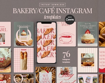 Puede incluir: Un conjunto de 76 plantillas de Instagram para panadería/cafetería, con diseños de cruasanes, cupcakes y café. Las plantillas son en tonos rosa, rojo y blanco, con el texto "BAKERY/CAFÉ INSTAGRAM templates". Editar en Canva.