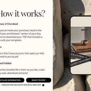 Puede incluir: Gr&aacute;fico publicitario con el texto &laquo;&iquest;C&oacute;mo funciona?&raquo; e instrucciones para descargar y editar plantillas. Un smartphone muestra una pila de libros con una taza de caf&eacute; encima y una cinta de &laquo;Black Friday&raquo;.