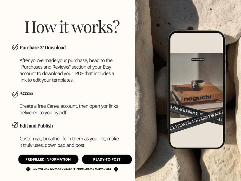 Puede incluir: Gr&aacute;fico publicitario con el texto &laquo;&iquest;C&oacute;mo funciona?&raquo; e instrucciones para descargar y editar plantillas. Un smartphone muestra una pila de libros con una taza de caf&eacute; encima y una cinta de &laquo;Black Friday&raquo;.