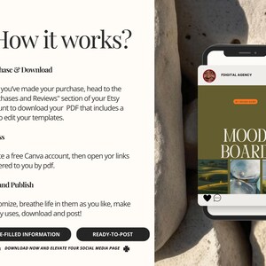 May include: A digital illustration of a smartphone displaying a mood board template with the text "MOOD BOARD" in white on a green background. The template includes four images of nature scenes. The phone is on a textured surface.