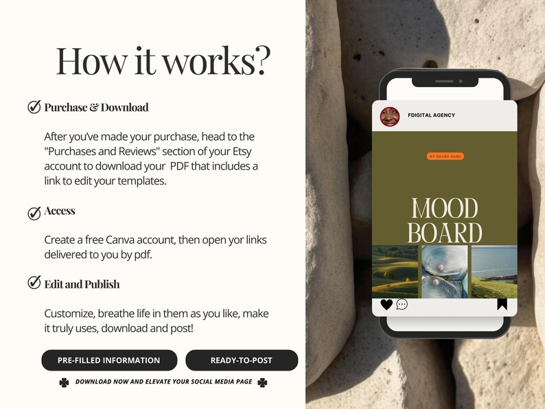 May include: A digital illustration of a smartphone displaying a mood board template with the text "MOOD BOARD" in white on a green background. The template includes four images of nature scenes. The phone is on a textured surface.