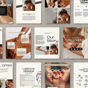 Könnte beinhalten: Eine Collage von Bildern, die Lymphdrainage-Massage-Dienstleistungen bewerben. Die Bilder zeigen Personen, die Massagen erhalten, ein Diagramm des Lymphsystems und Text über die Vorteile der Lymphdrainage. Der Text enthält die Sätze "Unsere Geschichte" und "Sonderangebot".