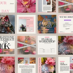 May include: A collection of pink and white floral-themed social media posts. The posts include text such as "Your Day", "Holiday Pre-Order Special", "Do & Don'ts", "Mother's Day", "Floral Workshop", and "Big Love!"