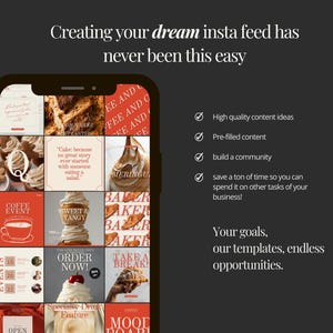 Pu&ograve; includere: Uno schermo di smartphone mostra modelli di post di Instagram con immagini a tema panetteria. Il testo recita: &laquo;Creare il tuo feed insta da sogno non &egrave; mai stato cos&igrave; facile&raquo;. Ulteriori testi evidenziano idee di contenuti e la creazione di community.