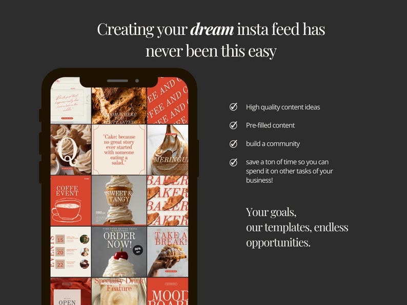 Pu&ograve; includere: Uno schermo di smartphone mostra modelli di post di Instagram con immagini a tema panetteria. Il testo recita: &laquo;Creare il tuo feed insta da sogno non &egrave; mai stato cos&igrave; facile&raquo;. Ulteriori testi evidenziano idee di contenuti e la creazione di community.