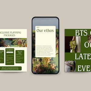 May include: Three different images showcasing wedding planning services. The first image shows a flyer with the text "Exclusive Planning Packages" and three different packages listed. The second image shows a mobile phone screen with the text "Our ethos" and a description of the company's values. The third image shows a flyer with the text "BTS of our latest event" and a photo of a bride holding a bouquet of flowers.