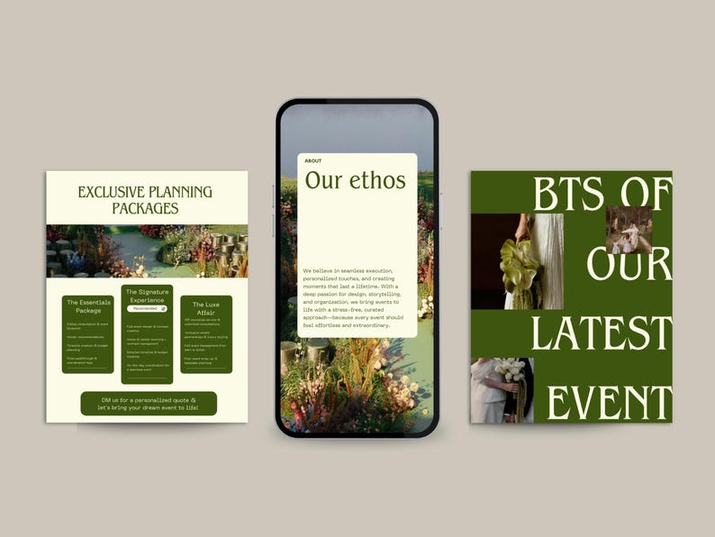 May include: Three different images showcasing wedding planning services. The first image shows a flyer with the text "Exclusive Planning Packages" and three different packages listed. The second image shows a mobile phone screen with the text "Our ethos" and a description of the company's values. The third image shows a flyer with the text "BTS of our latest event" and a photo of a bride holding a bouquet of flowers.