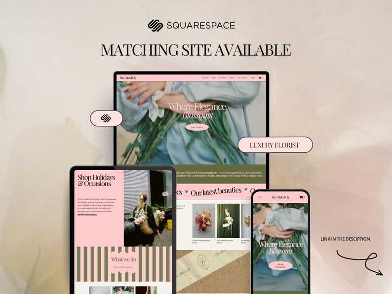 May include: A digital marketing image showcasing a website design for a luxury florist. The image displays a desktop, tablet, and phone, each featuring the website's design. The text includes "Where Elegance Blossoms" and "Luxury Florist."