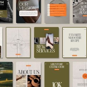 May include: A collection of 10 Instagram story templates with a green and brown color scheme. The templates feature text such as "Our Mission", "New Services", "Favorite Smoothie Recipe", "About Us", and "Milestone Celebration 10K".
