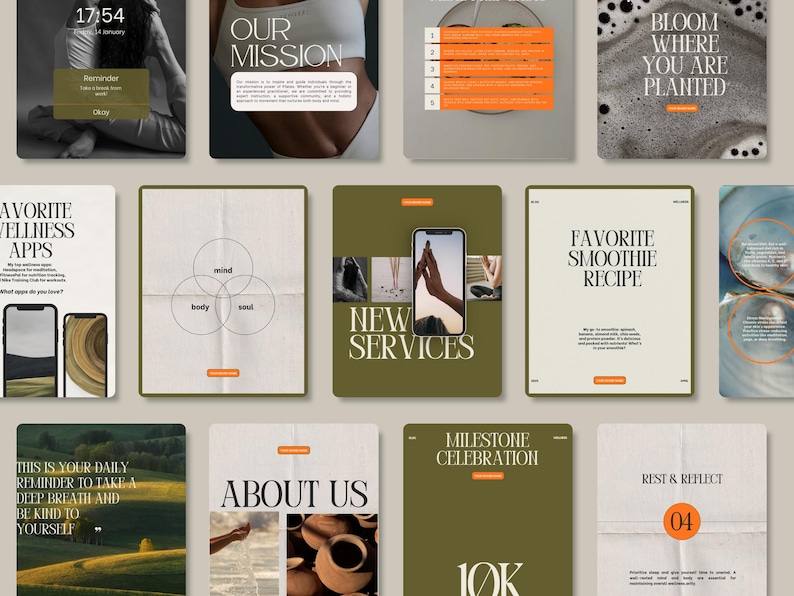 May include: A collection of 10 Instagram story templates with a green and brown color scheme. The templates feature text such as "Our Mission", "New Services", "Favorite Smoothie Recipe", "About Us", and "Milestone Celebration 10K".