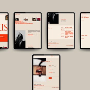 May include: A collection of digital tablet screens displaying a website design with a minimalist aesthetic. The website features a cream-colored background with bold orange accents, showcasing photography and editorial content. The word "ALEXIS" is prominently displayed.