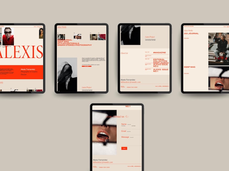 May include: A collection of digital tablet screens displaying a website design with a minimalist aesthetic. The website features a cream-colored background with bold orange accents, showcasing photography and editorial content. The word "ALEXIS" is prominently displayed.